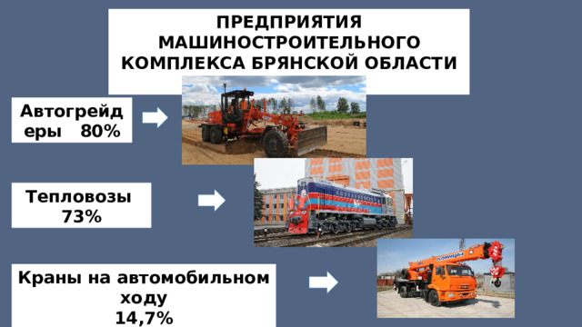 ПРЕДПРИЯТИЯ МАШИНОСТРОИТЕЛЬНОГО КОМПЛЕКСА БРЯНСКОЙ ОБЛАСТИ ВЫПУСКАЮТ: Автогрейдеры 80% Тепловозы 73% Краны на автомобильном ходу 14,7% 