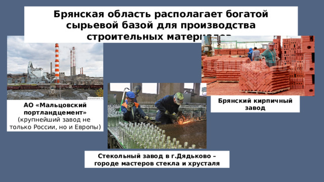 Брянская область располагает богатой сырьевой базой для производства строительных материалов. Брянский кирпичный завод АО «Мальцовский портландцемент» (крупнейший завод не только России, но и Европы) Стекольный завод в г.Дядьково – городе мастеров стекла и хрусталя 