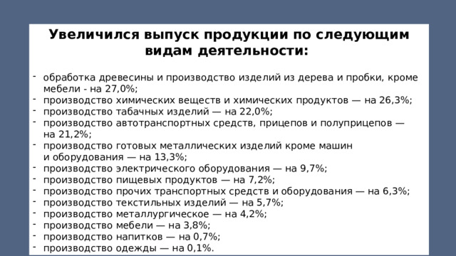 Увеличился выпуск продукции по следующим видам деятельности:  обработка древесины и производство изделий из дерева и пробки, кроме мебели - на 27,0%; производство химических веществ и химических продуктов — на 26,3%; производство табачных изделий — на 22,0%; производство автотранспортных средств, прицепов и полуприцепов — на 21,2%; производство готовых металлических изделий кроме машин и оборудования — на 13,3%; производство электрического оборудования — на 9,7%; производство пищевых продуктов — на 7,2%; производство прочих транспортных средств и оборудования — на 6,3%; производство текстильных изделий — на 5,7%; производство металлургическое — на 4,2%; производство мебели — на 3,8%; производство напитков — на 0,7%; производство одежды — на 0,1%. 