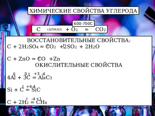 ХИМИЧЕСКИЕ СВОЙСТВА УГЛЕРОДА 600-700С  С + О 2 = СО 2 (АЛМАЗ) ВОССТАНОВИТЕЛЬНЫЕ СВОЙСТВА: С + 2Н 2 SO 4 = CO 2 +2SO 2 + 2H 2 O C + ZnO = CO +Zn ОКИСЛИТЕЛЬНЫЕ СВОЙСТВА 4Al + 3C = Al 4 C 3 Si + C = SiC C + 2H 2 = CH 4 +3 -4 0 t 0 +4 t -4 +1 -4 t 
