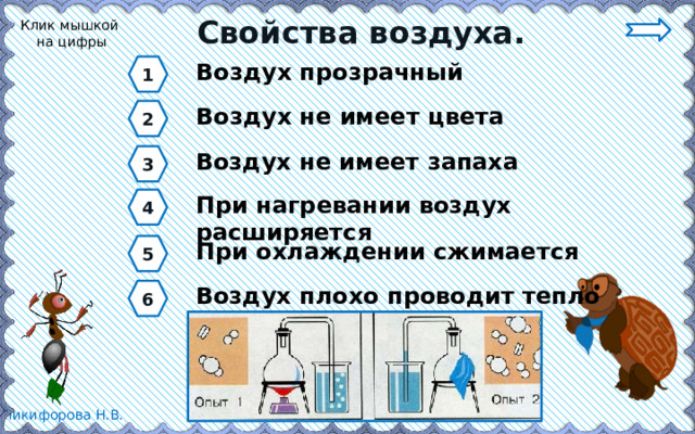 Свойства воздуха. Клик мышкой на цифры Воздух прозрачный 1 Воздух не имеет цвета 2 Воздух не имеет запаха 3 При нагревании воздух расширяется 4 При охлаждении сжимается 5 Воздух плохо проводит тепло 6 