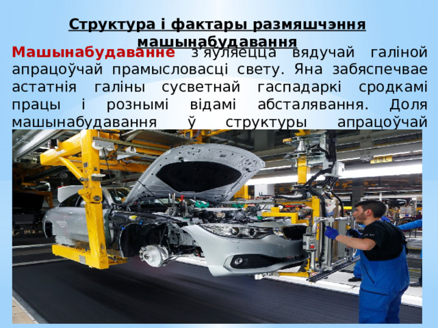Структура і фактары размяшчэння машынабудавання Машынабудаванне з’яўляецца вядучай галіной апрацоўчай прамысловасці свету. Яна забяспечвае астатнія галіны сусветнай гаспадаркі сродкамі працы і рознымі відамі абсталявання. Доля машынабудавання ў структуры апрацоўчай прамысловасці складае 47,5 % . 