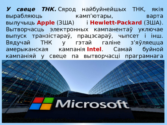 У свеце ТНК.  Сярод найбуйнейшых ТНК, якія вырабляюць камп’ютары, варта вылучыць  Apple  (ЗША) і  Hewlett-Packard  (ЗША). Вытворчасць электронных кампанентаў уключае выпуск транзістараў, працэсараў, чыпсет і інш. Вядучай ТНК у гэтай галіне з’яўляецца амерыканская кампанія  Intel . Самай буйной кампаніяй у свеце па вытворчасці праграмнага забеспячэння з’яўляецца амерыканская ТНК  Microsoft . 