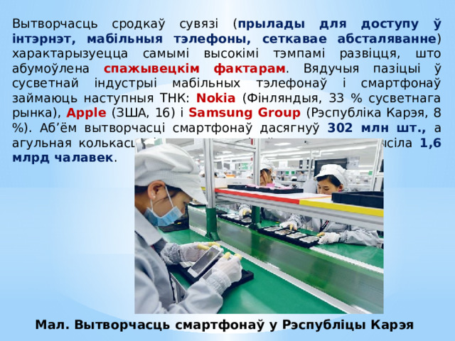 Вытворчасць сродкаў сувязі ( прылады для доступу ў інтэрнэт, мабільныя тэлефоны, сеткавае абсталяванне ) характарызуецца самымі высокімі тэмпамі развіцця, што абумоўлена спажывецкім фактарам . Вядучыя пазіцыі ў сусветнай індустрыі мабільных тэлефонаў і смартфонаў займаюць наступныя ТНК: Nokia (Фінляндыя, 33 % сусветнага рынка), Apple (ЗША, 16) і Samsung Group (Рэспубліка Карэя, 8 %). Аб’ём вытворчасці смартфонаў дасягнуў 302 млн шт., а агульная колькасць іх карыстальнікаў у свеце перавысіла 1,6 млрд чалавек . Мал. Вытворчасць смартфонаў у Рэспубліцы Карэя 