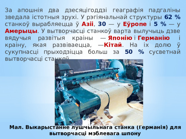 За апошнія два дзесяцігоддзі геаграфія падгаліны зведала істотныя зрухі. У рэгіянальнай структуры 62 % станкоў вырабляецца ў Азіі , 30 — у Еўропе і 5 % — у Амерыцы . У вытворчасці станкоў варта вылучыць дзве вядучыя развітыя краіны —  Японію  і  Германію   і краіну, якая развіваецца, — Кітай . На іх долю ў сукупнасці прыходзіцца больш за 50 % сусветнай вытворчасці станкоў. Мал. Выкарыстанне лушчыльнага станка (Германія) для вытворчасці мэблевага шпону 