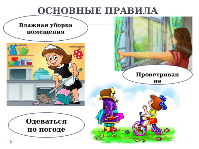 ОСНОВНЫЕ ПРАВИЛА Влажная уборка помещения  Проветривание Одеваться по погоде 