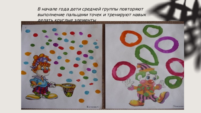 В начале года дети средней группы повторяют выполнение пальцами точек и тренируют навык делать круглые элементы 