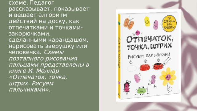 В средней вводится практика рисунка пальчиками по схеме. Педагог рассказывает, показывает и вешает алгоритм действий на доску, как отпечатками и точками-закорючками, сделанными карандашом, нарисовать зверушку или человечка.  Схемы поэтапного рисования пальцами представлены в книге И. Молнар «Отпечаток, точка, штрих. Рисуем пальчиками». 