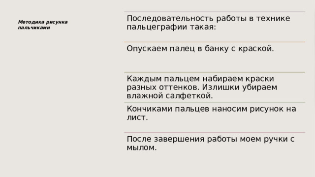 Последовательность работы в технике пальцеграфии такая: Методика рисунка пальчиками Опускаем палец в банку с краской. Каждым пальцем набираем краски разных оттенков. Излишки убираем влажной салфеткой. Кончиками пальцев наносим рисунок на лист. После завершения работы моем ручки с мылом. 