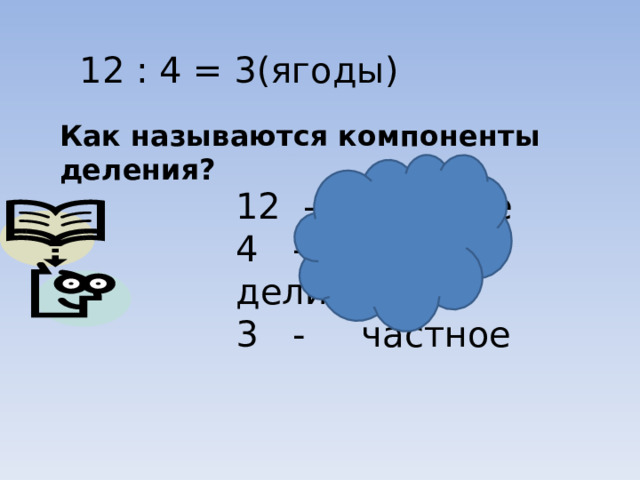 12 : 4 = 3(ягоды) Как называются компоненты деления? 12 - делимое 4 - делитель 3 - частное  