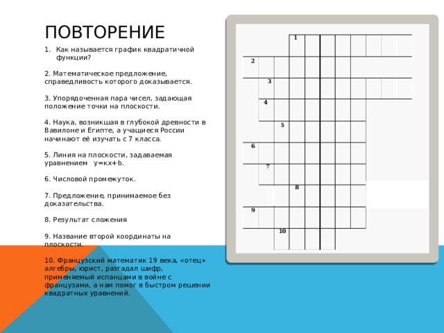 повторение  1 Как называется график квадратичной функции? 2. Математическое предложение, справедливость которого доказывается. 3. Упорядоченная пара чисел, задающая положение точки на плоскости. 4. Наука, возникшая в глубокой древности в Вавилоне и Египте, а учащиеся России начинают её изучать с 7 класса. 5. Линия на плоскости, задаваемая уравнением у=кх+b. 6. Числовой промежуток. 7. Предложение, принимаемое без доказательства. 8. Результат сложения 9. Название второй координаты на плоскости. 10. Французский математик 19 века, «отец» алгебры, юрист, разгадал шифр, применяемый испанцами в войне с французами, а нам помог в быстром решении квадратных уравнений.  2 3 4 5 6 7  8 9 10 