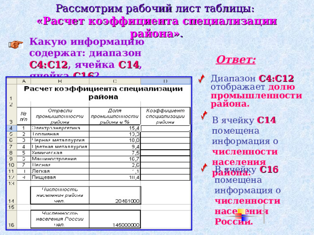 Рассмотрим рабочий лист таблицы:  «Расчет коэффициента специализации района» . Какую информацию содержат: диапазон C 4: C 12 , ячейка C 1 4 , ячейка C 1 6 ?  Ответ: Диапазон C 4: C 12  отображает  долю промышленности района. В ячейку  C 1 4  помещена  информация  о  численности населения района. В ячейку  C 1 6  помещена  информация  о  численности населения России. 