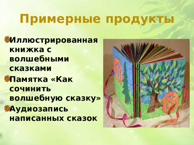 Примерные продукты Иллюстрированная книжка с волшебными сказками Памятка «Как сочинить волшебную сказку» Аудиозапись написанных сказок 