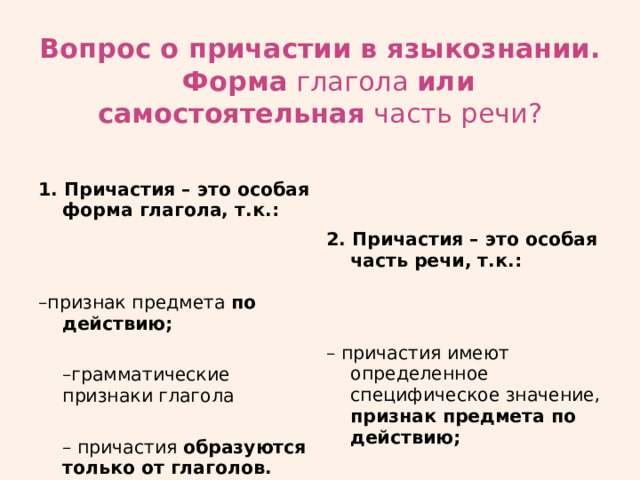 Вопрос о причастии в языкознании.   Форма глагола или  самостоятельная часть речи? 1. Причастия – это особая форма глагола, т.к.: 2. Причастия – это особая часть речи, т.к.: – признак предмета  по действию;  – грамматические признаки глагола – причастия имеют определенное специфическое значение, признак предмета по действию;  – причастия образуются только от глаголов.   – причастия имеют свои морфемные показатели – суффиксы причастий.  