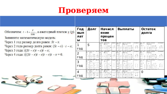 Проверяем Год выплаты Год выплаты Долг Долг 1 год 1 год Начисление процентов S 2 год 2 год Начисление процентов S Выплаты Выплаты 3 год 3 год 4 год Остаток долга 4 год Остаток долга - - 0 0 