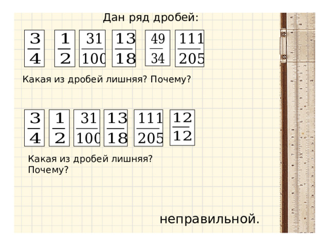 Дан ряд дробей: Какая из дробей лишняя? Почему? Какая из дробей лишняя? Почему? неправильной. 