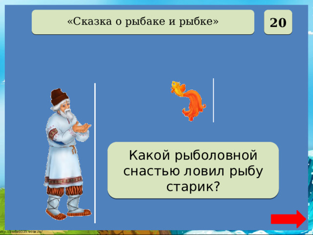  20 «Сказка о рыбаке и рыбке» Неводом Какой рыболовной снастью ловил рыбу старик? 