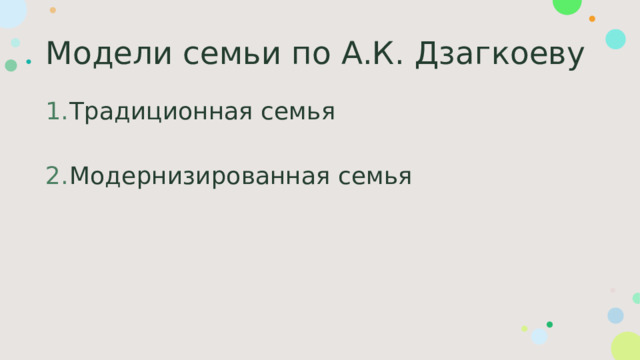 Модели семьи по А.К. Дзагкоеву Традиционная семья Модернизированная семья 