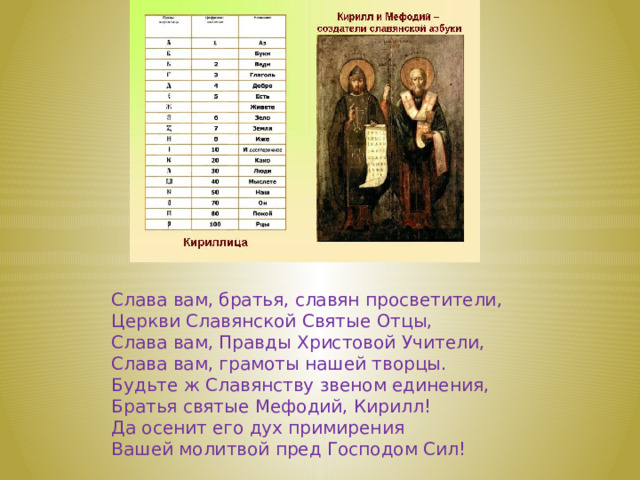 Слава вам, братья, славян просветители, Церкви Славянской Святые Отцы, Слава вам, Правды Христовой Учители, Слава вам, грамоты нашей творцы. Будьте ж Славянству звеном единения, Братья святые Мефодий, Кирилл! Да осенит его дух примирения Вашей молитвой пред Господом Сил! 