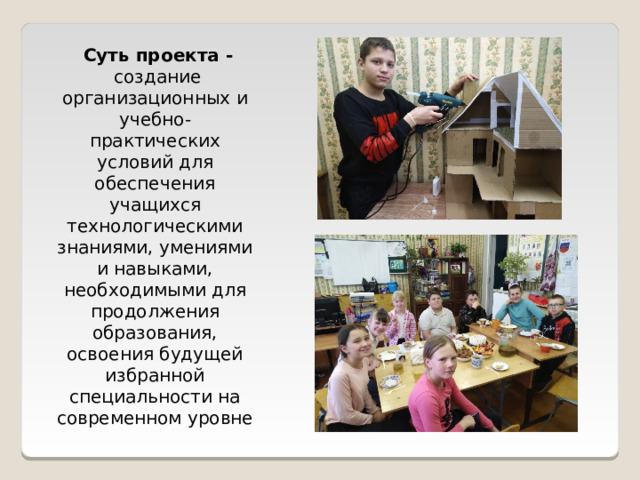  Суть проекта -  создание организационных и учебно- практических условий для обеспечения учащихся технологическими знаниями, умениями и навыками, необходимыми для продолжения образования, освоения будущей избранной специальности на современном уровне 