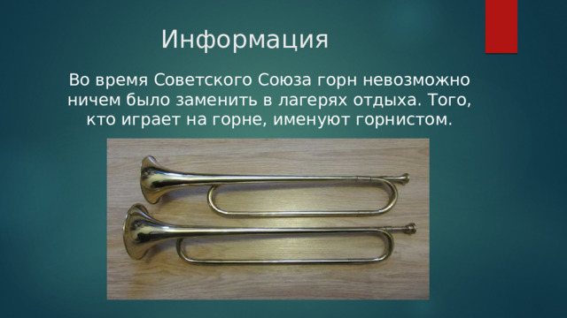 Информация Во время Советского Союза горн невозможно ничем было заменить в лагерях отдыха. Того, кто играет на горне, именуют горнистом. 