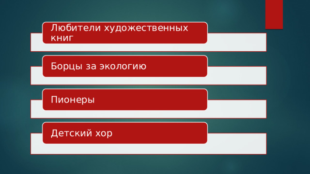 Любители художественных книг Борцы за экологию Пионеры Детский хор 