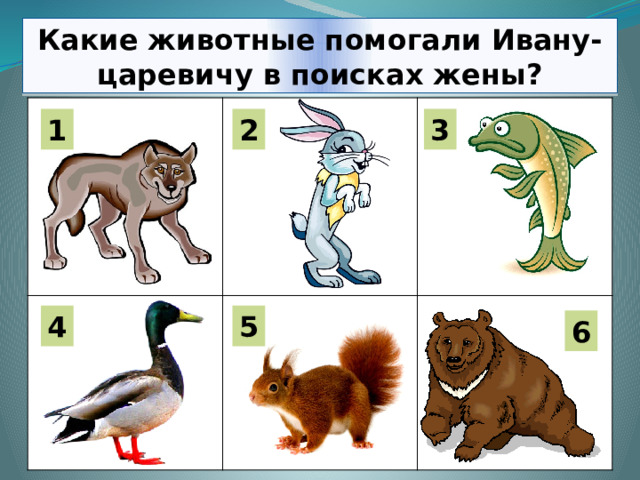 Какие животные помогали Ивану-царевичу в поисках жены? 1 3 2 5 4 6 