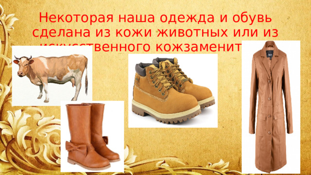 Некоторая наша одежда и обувь сделана из кожи животных или из искусственного кожзаменителя. 