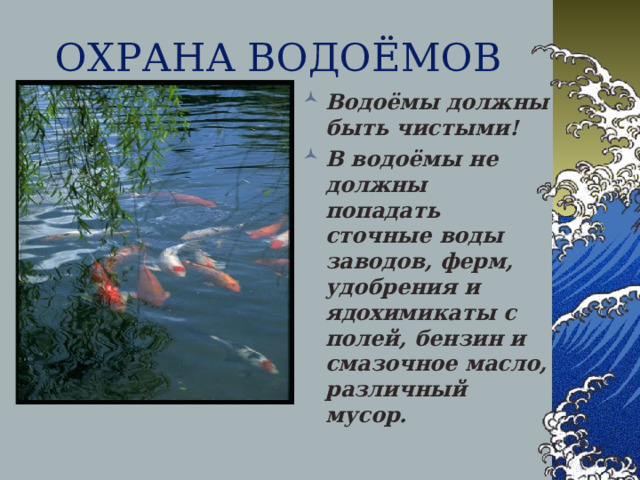 ЗНАЧЕНИЕ ВОДОЁМОВ Значение водоемов в природе велико. Водоемы – это хранилища воды, которая необходима всему живому. А для тех растений и животных, это – единственный дом.  