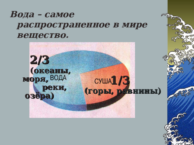 Вода – самое распространенное в мире вещество. 2/3  (океаны, моря,  реки, озёра) 1/3  (горы, равнины) 