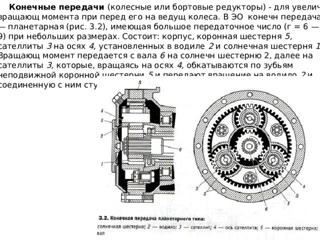  Конечные передачи (колесные или бортовые редукторы) - для увелич вращающ момента при перед его на ведущ колеса. В ЭО конечн передача — планетарная (рис. 3.2), имеющая большое передаточное число (г = 6 — 9) при небольших размерах. Состоит: корпус, коронная шестерня 5, сателлиты 3 на осях 4, установленных в водиле 2 и солнечная шестерня 1. Вращающ момент передается с вала 6 на солнечн шестерню 2, далее на сателлиты 3, которые, вращаясь на осях 4, обкатываются по зубьям неподвижной коронной шестерни 5 и передают вращение на водило 2 и соединенную с ним ступицу колеса. 