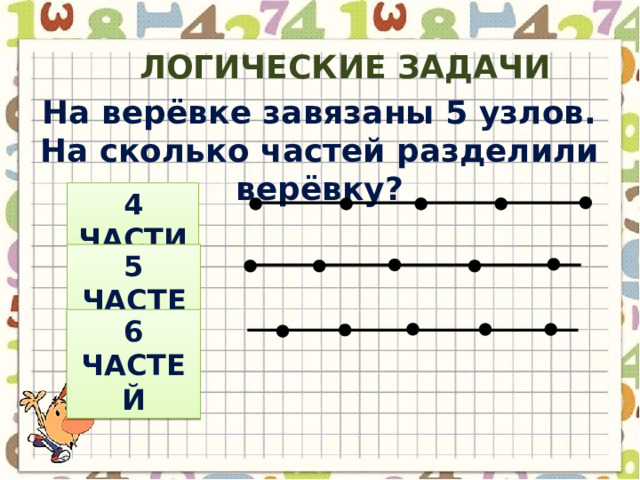 Логические задачи На верёвке завязаны 5 узлов. На сколько частей разделили верёвку? 4 части 5 частей 6 частей 