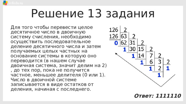 Решение 13 задания Для того чтобы перевести целое десятичное число в двоичную систему счисления, необходимо осуществить последовательное деление десятичного числа и затем получаемых целых частных на основание системы в которую оно переводится (в нашем случае двоичная система, значит делим на 2) , до тех пор, пока не получится частное, меньшее делителя (0 или 1). Число в двоичной системе записывается в виде остатков от деления, начиная с последнего. Ответ: 1111110 