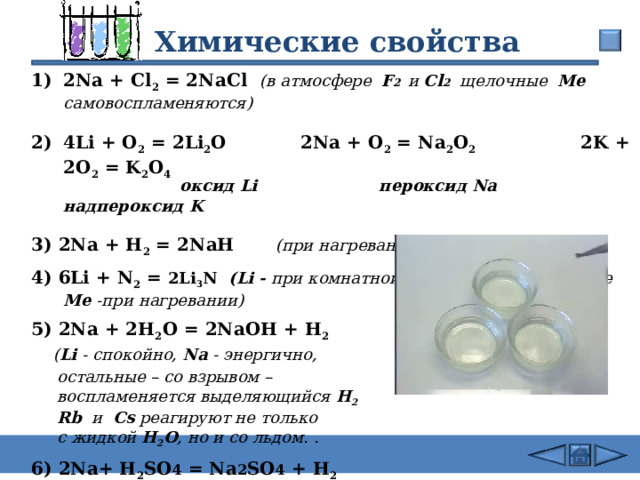 20.10.22  Химические свойства 2Na + Cl 2 = 2NaCl ( в атмосфере  F 2 и Cl 2   щелочные  Me  самовоспламеняются)     4Li + O 2 = 2Li 2 O 2Na + O 2 = Na 2 O 2    2K + 2O 2 = K 2 O 4   оксид Li   пероксид Na     надпероксид K   3) 2Na + Н 2 = 2NaН   (при нагревании 200-400 o C) 4) 6Li + N 2 = 2Li 3 N  ( Li - при комнатной T , остальные щелочные  Me - при нагревании)  5 ) 2Na + 2Н 2 О = 2NaОН + Н 2   ( Li - спокойно, Na - энергично,   остальные – со взрывом –   воспламеняется выделяющийся Н 2  Rb  и  Cs реагируют не только  с жидкой Н 2 О , но и со льдом. .  6 ) 2Na+ Н 2 S О 4 = Na 2 S О 4 + Н 2 (протекают очень бурно)  7 ) 2 C 2 H 5 OH + 2Na = 2 C 2 H 5 O Na + Н 2 Щелочные металлы с водой  23 