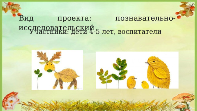 Вид проекта: познавательно- исследовательский Участники: дети 4-5 лет, воспитатели 