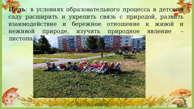 Цель : в условиях образовательного процесса в детском саду расширить и укрепить связь с природой, развить взаимодействие и бережное отношение к живой и неживой природе, изучить природное явление  – листопад. 