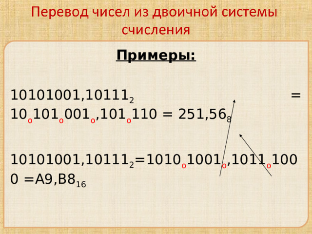 Примеры: 10101001,10111 2 = 10 о 101 о 001 о ,101 о 110 = 251,56 8 10101001,10111 2 =1010 о 1001 о ,1011 о 1000  = A9 , B8 16 В конце обязательно должна быть триада (тетрада) 