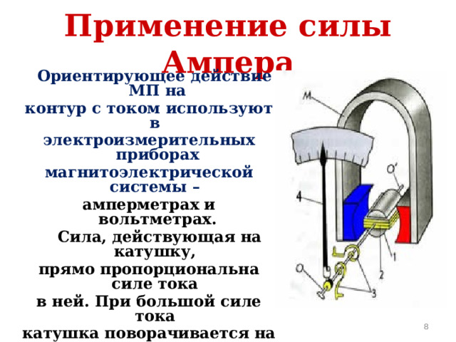 Применение силы Ампера  Ориентирующее действие МП на контур с током используют в электроизмерительных приборах магнитоэлектрической системы – амперметрах и вольтметрах.  Сила, действующая на катушку, прямо пропорциональна силе тока в ней. При большой силе тока катушка поворачивается на больший угол, а вместе с ней и стрелка. Остается проградуировать прибор – т.е. установить каким углам поворота соответствуют известные значения силы тока.   
