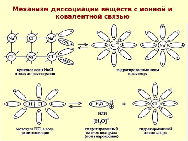 Механизм диссоциации веществ с ионной и ковалентной связью 