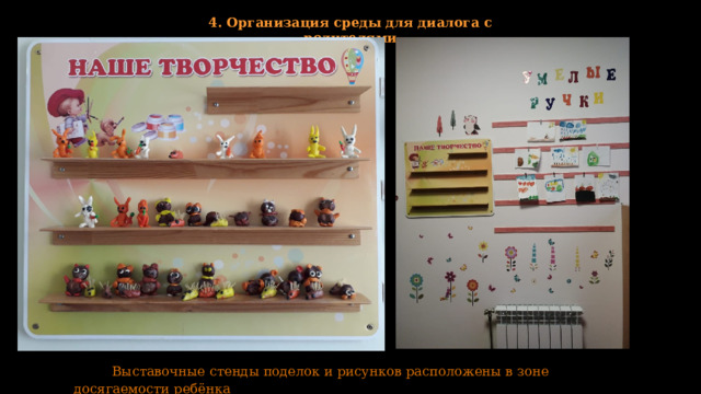 4. Организация среды для диалога с родителями  Выставочные стенды поделок и рисунков расположены в зоне досягаемости ребёнка 