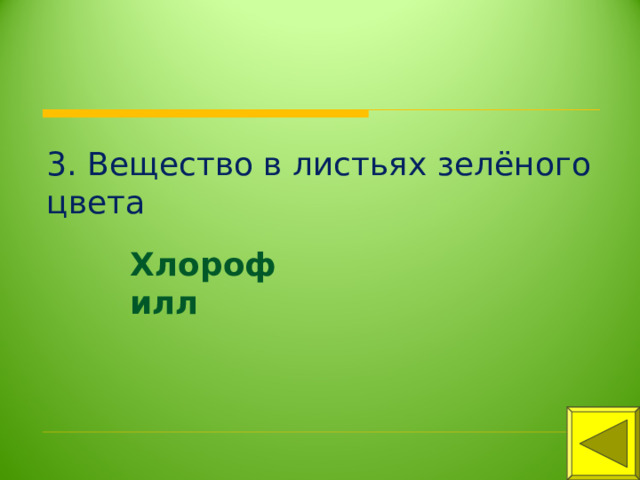 3. Вещество в листьях зелёного цвета Хлорофилл 