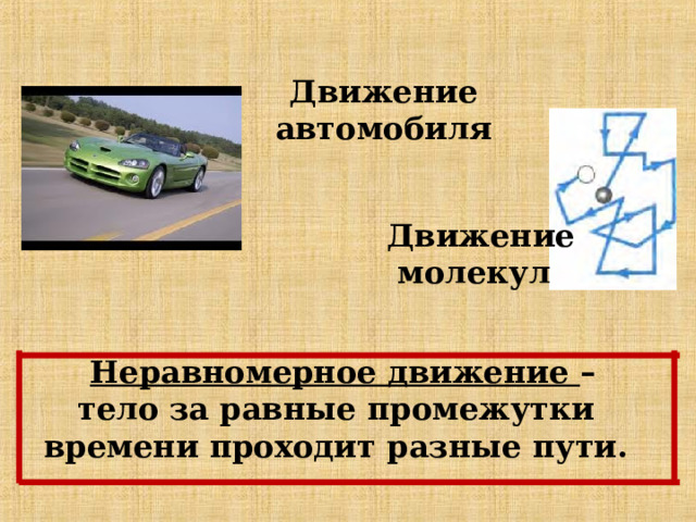  Движение автомобиля Движение молекул Неравномерное движение – тело за равные промежутки времени проходит разные пути. 