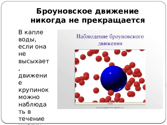 Броуновское движение никогда не прекращается В капле воды, если она не высыхает, движение крупинок можно наблюдать в течение многих лет 