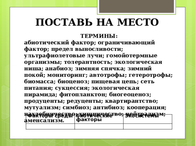 ПОСТАВЬ НА МЕСТО  ТЕРМИНЫ: абиотический фактор; ограничивающий фактор; предел выносливости; ультрафиолетовые лучи; гомойотермные организмы; толерантность; экологическая ниша; анабиоз; зимняя спячка; зимний покой; мониторинг; автотрофы; гетеротрофы; биомасса; биоценоз; пищевая цепь; сеть питания; сукцессия; экологическая пирамида; фитопланктон; биогеоценоз; продуценты; редуценты; квартирантство; мутуализм; симбиоз; антибиоз; кооперация; нахлебничество; хищничество; нейтрализм; аменсализм. Факторы среды   Биотические факторы Экосистемы     