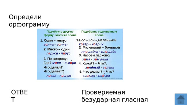 Определи орфограмму ОТВЕТ Проверяемая безударная гласная  