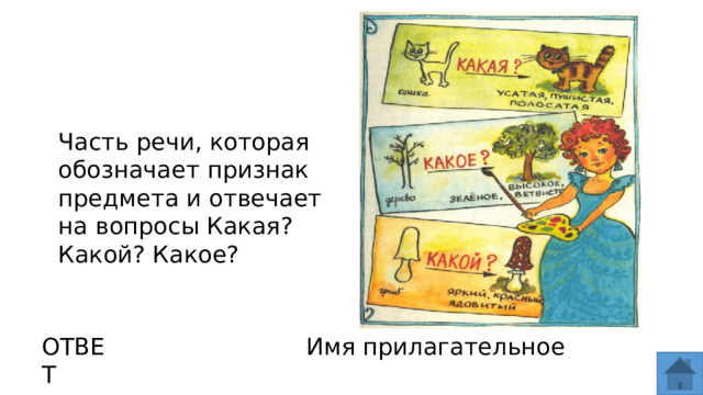 Часть речи, которая обозначает признак предмета и отвечает на вопросы Какая? Какой? Какое? ОТВЕТ Имя прилагательное  