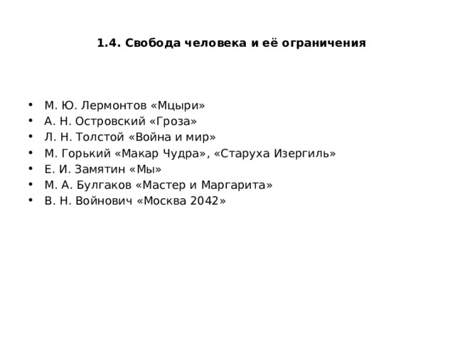   1.4. Свобода человека и её ограничения М. Ю. Лермонтов «Мцыри» А. Н. Островский «Гроза» Л. Н. Толстой «Война и мир» М. Горький «Макар Чудра», «Старуха Изергиль» Е. И. Замятин «Мы» М. А. Булгаков «Мастер и Маргарита» В. Н. Войнович «Москва 2042» 