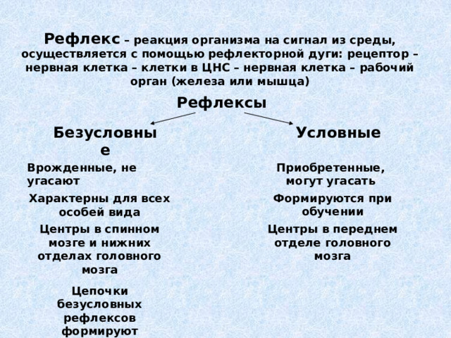 Рефлекс – реакция организма на сигнал из среды, осуществляется с помощью рефлекторной дуги: рецептор – нервная клетка – клетки в ЦНС – нервная клетка – рабочий орган (железа или мышца) Рефлексы Условные Безусловные Врожденные, не угасают Приобретенные, могут угасать Характерны для всех особей вида Формируются при обучении Центры в спинном мозге и нижних отделах головного мозга Центры в переднем отделе головного мозга Цепочки безусловных рефлексов формируют инстинкт 