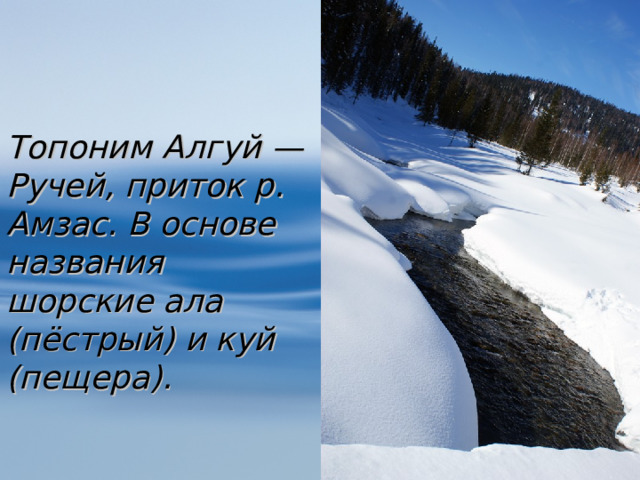 Топоним Алгуй — Ручей, приток р. Амзас. В основе названия шорские ала (пёстрый) и куй (пещера).  