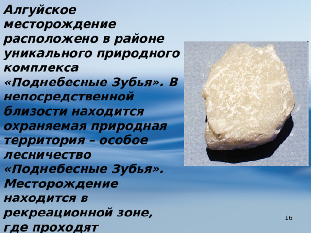 Алгуйское месторождение расположено в районе уникального природного комплекса «Поднебесные Зубья». В непосредственной близости находится охраняемая природная территория – особое лесничество «Поднебесные Зубья». Месторождение находится в рекреационной зоне, где проходят туристические маршруты.  